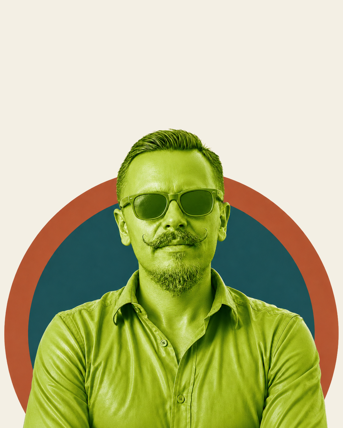 Stylized monochromatic green portrait of Kike Saborío with concentric clay and teal circles